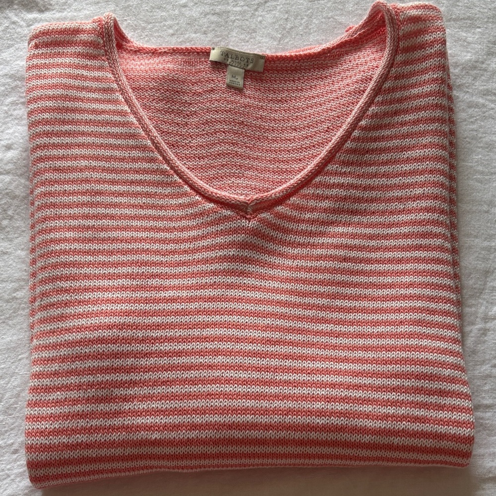 Talbot petite Coral and White Striped V-Neck summer Sweater. MP